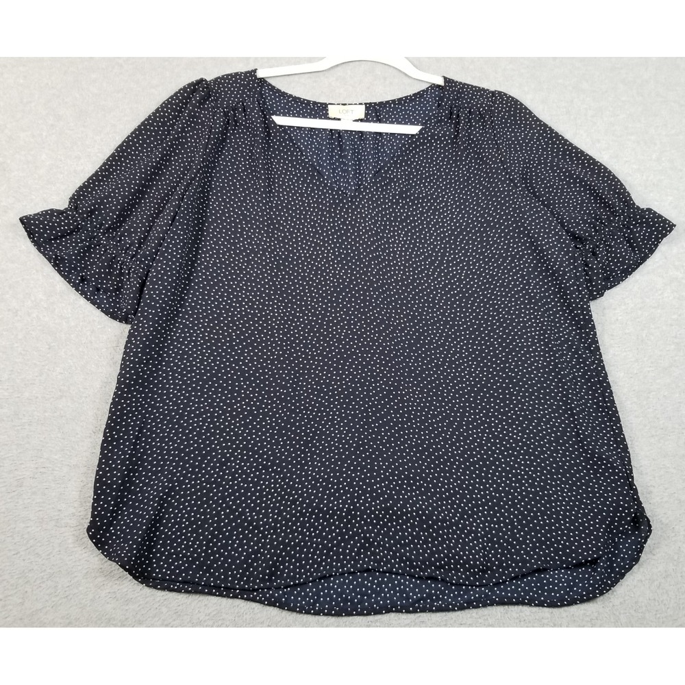 LOFT Blouse Women M Medium Blue White Polka Dot Short Sleeve V Neck Popover Top